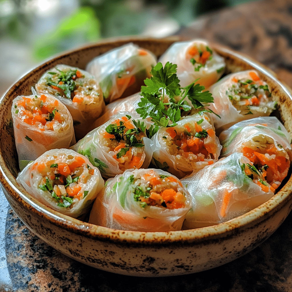 Homemade rice paper pizza rolls recipe in a serving dish in a bright kitchen