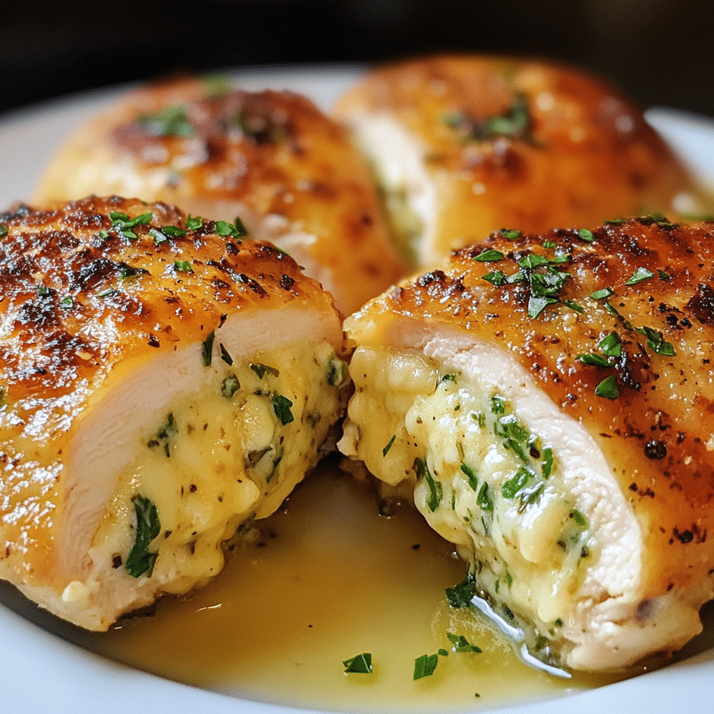 Ruth’s Chris stuffed chicken copycat sliced open with creamy herb cheese filling on a plate