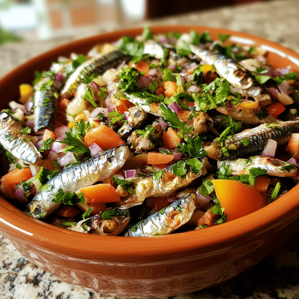Homemade sardine salad in a serving dish in a bright kitchen