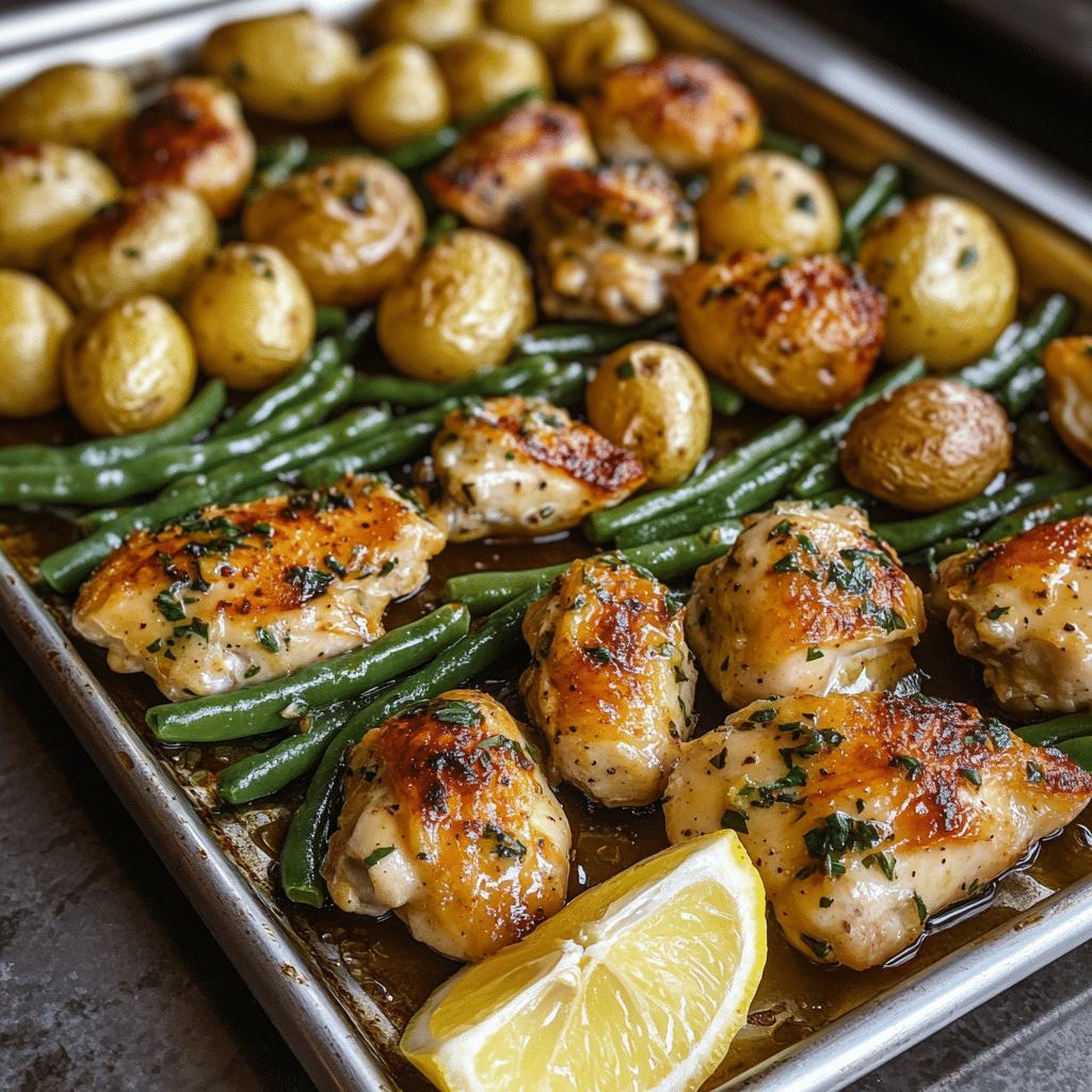 sheet pan garlic butter chicken dinner with potatoes and green beans