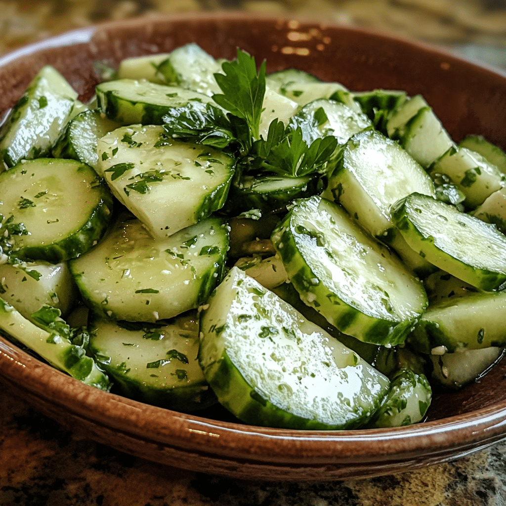 Homemade simple german cucumber salad in a serving dish in a bright kitchen