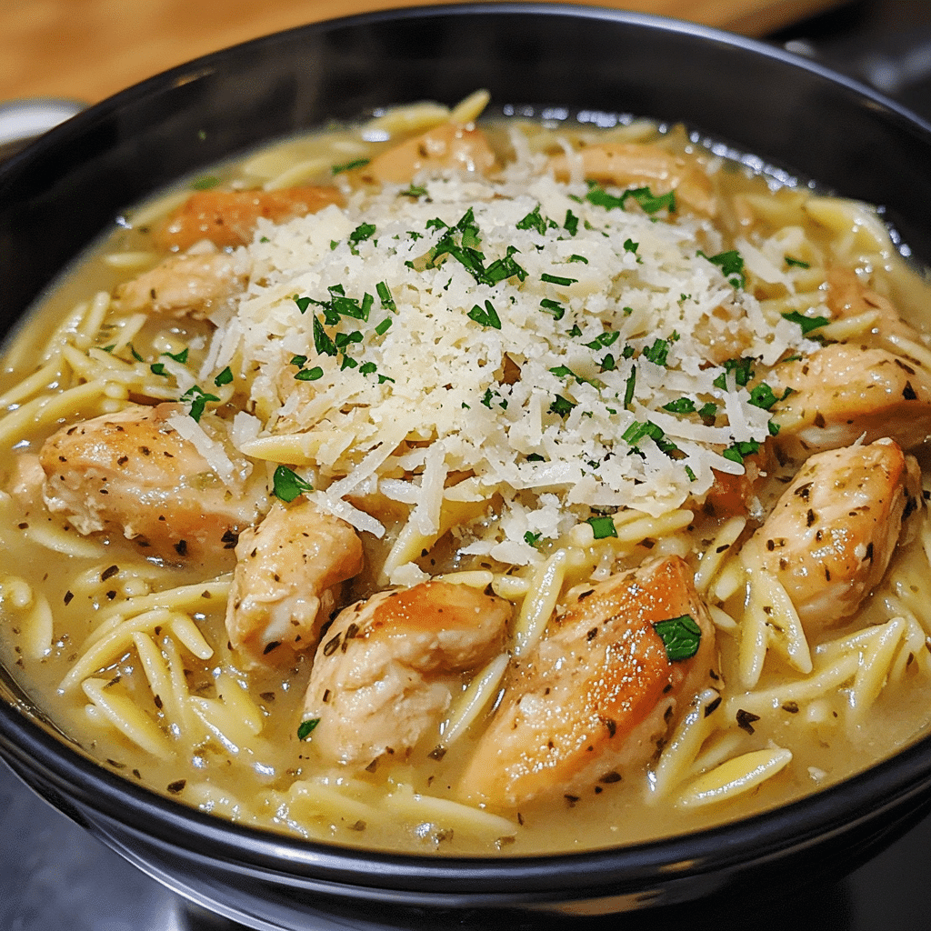 slow cooker parmesan herb chicken orzo in a bowl with parsley and parmesan