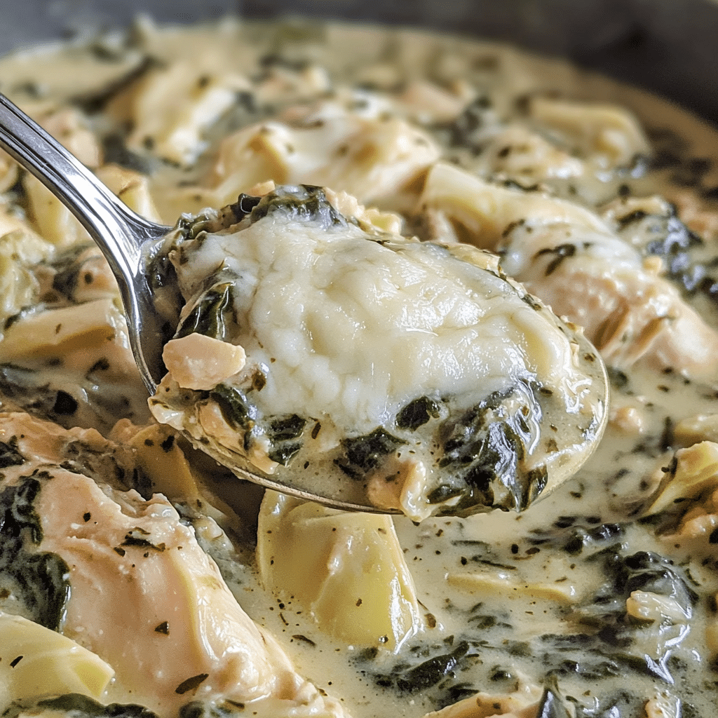 Slow cooker spinach artichoke chicken with creamy sauce, spinach, and artichokes