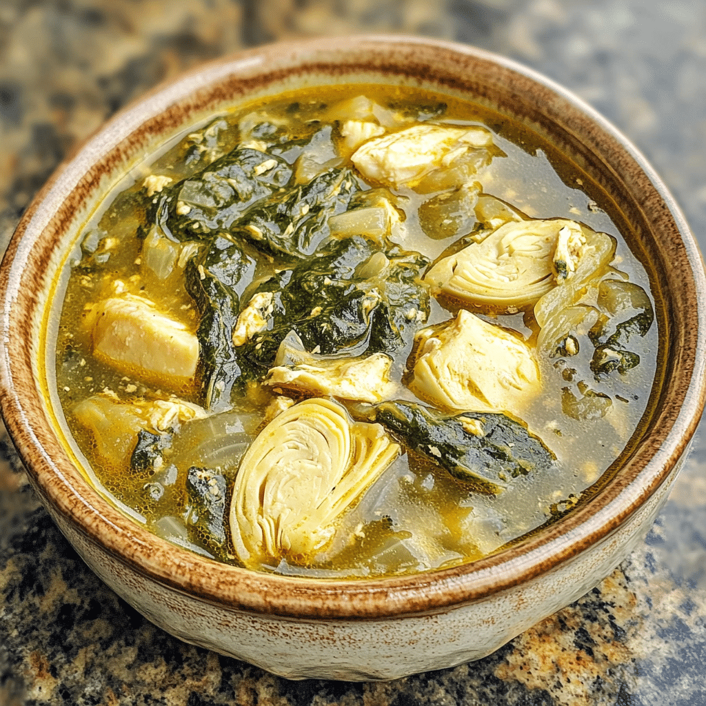 Homemade slow cooker spinach artichoke chicken soup in a serving dish in a bright kitchen