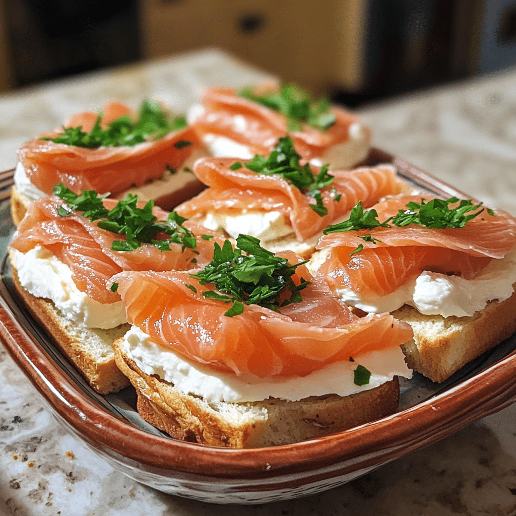 Homemade smoked salmon & cream cheese tea sandwiches in a serving dish in a bright kitchen