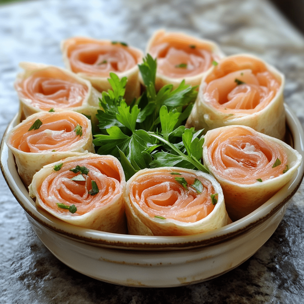 Homemade smoked salmon wrap in a serving dish in a bright kitchen