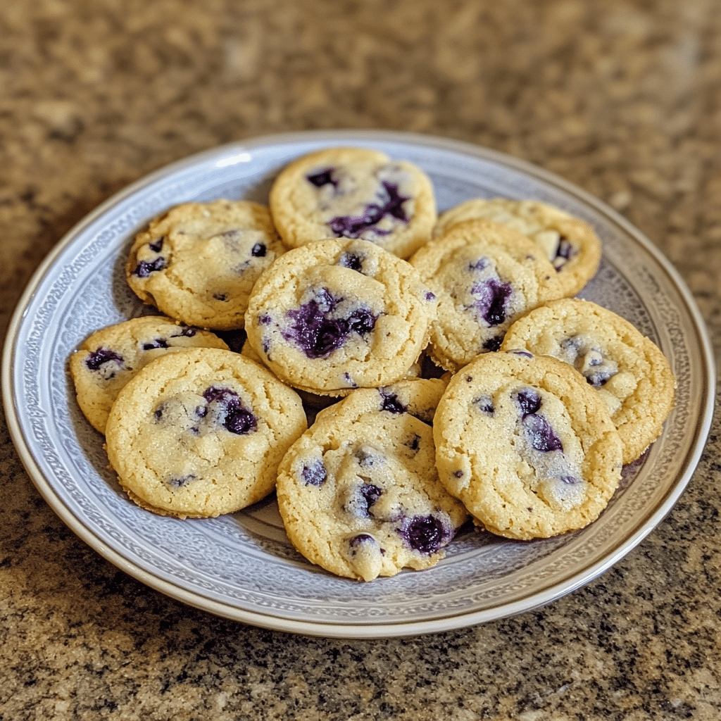 Homemade soft chewy lemon blueberry cookies served in a dish in a bright kitchen