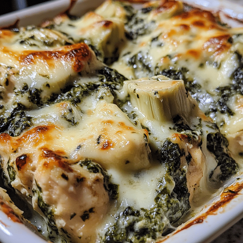 Spinach artichoke chicken bake in a casserole dish with creamy topping and melted cheese