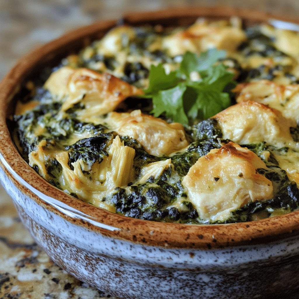 Homemade spinach artichoke chicken casserole that is protein packed in a serving dish in a bright kitchen