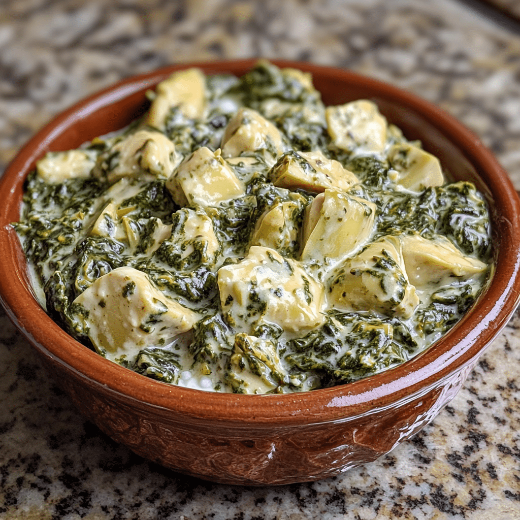 Homemade spinach artichoke chicken with cottage cheese hearty high protein meals in a serving dish in a bright kitchen