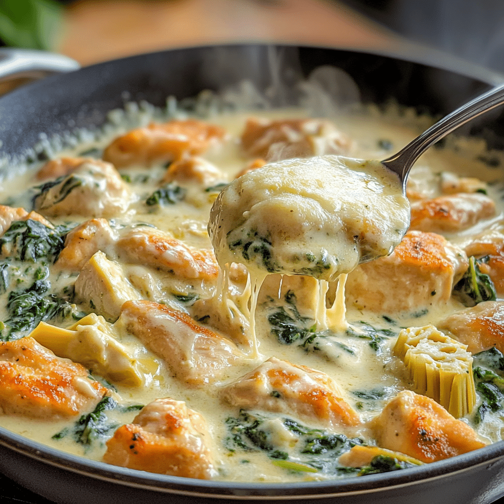 Skillet of spinach artichoke chicken in creamy cottage cheese sauce with melted cheese on top