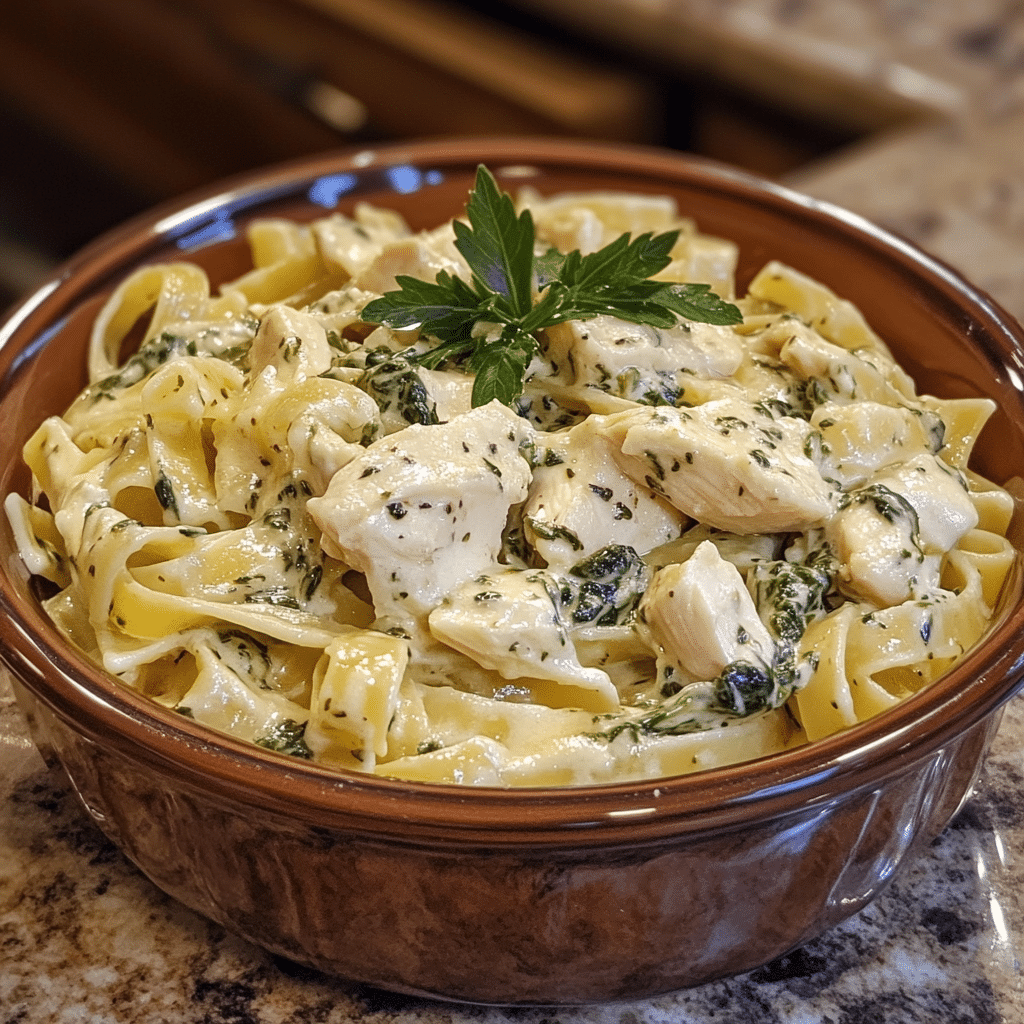 Homemade spinach & artichoke dip pasta with chicken in a serving dish in a bright kitchen