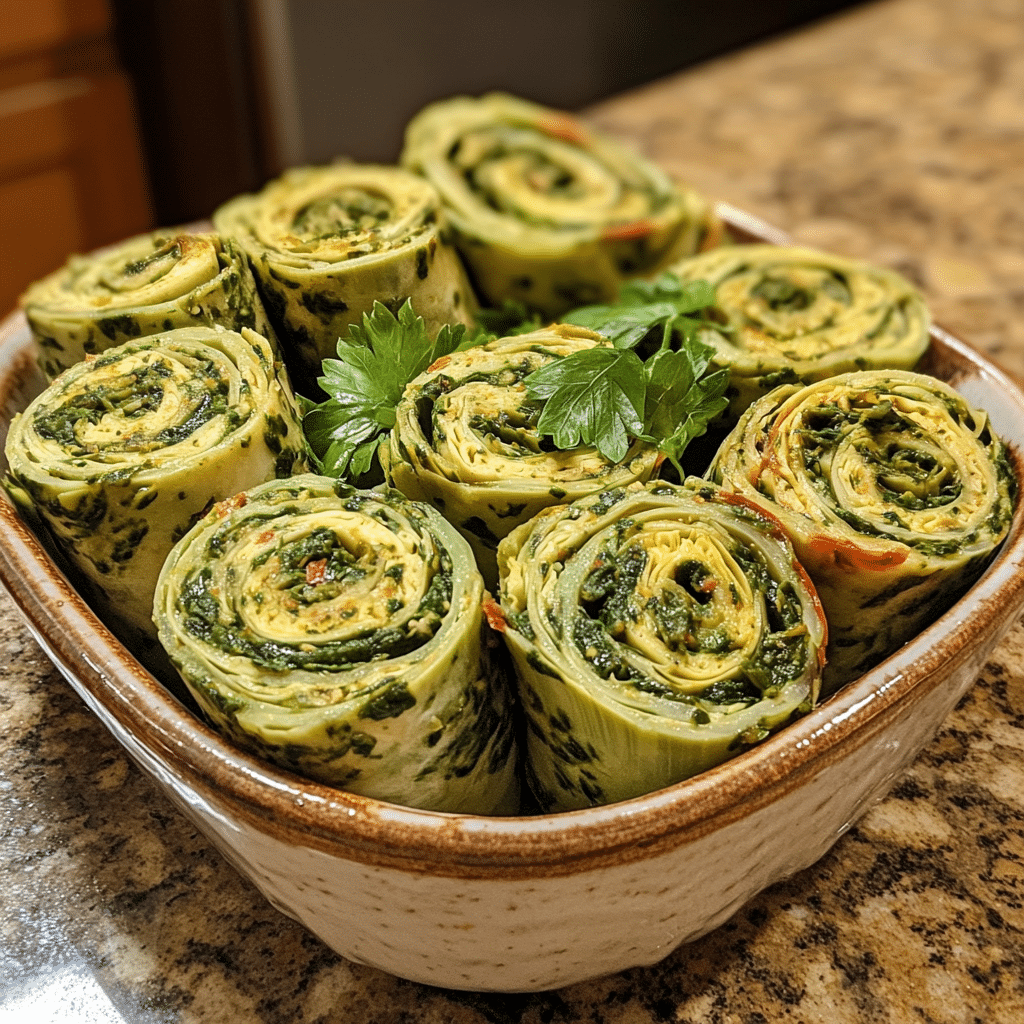 Homemade spinach artichoke vegan pinwheels in a serving dish in a bright kitchen