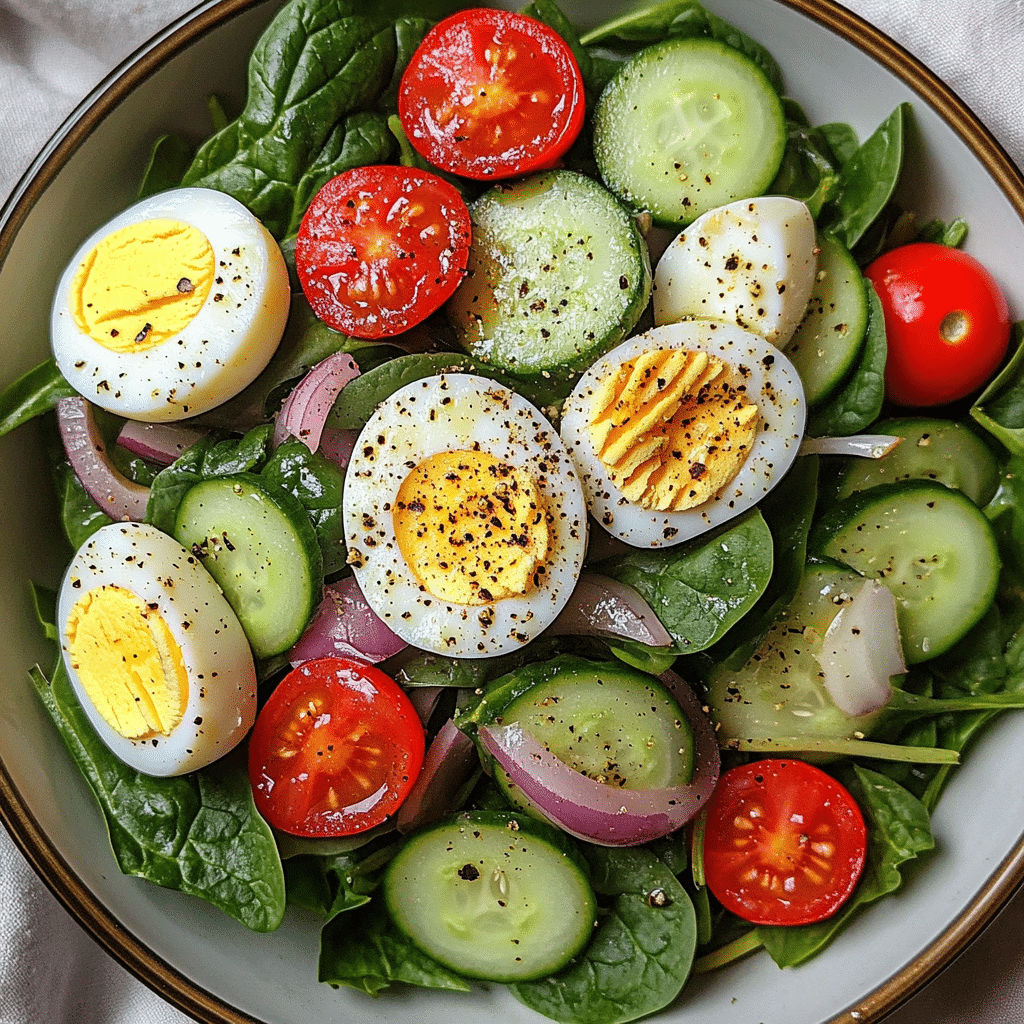 Spinach salad topped with sliced hard-boiled eggs, tomatoes, cucumber, and dressing