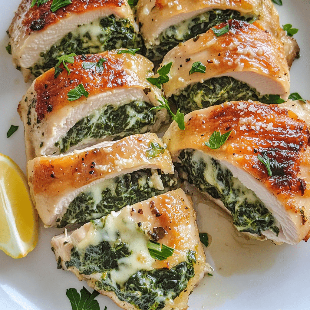 Sliced spinach stuffed chicken with creamy cheese filling and herbs on a plate