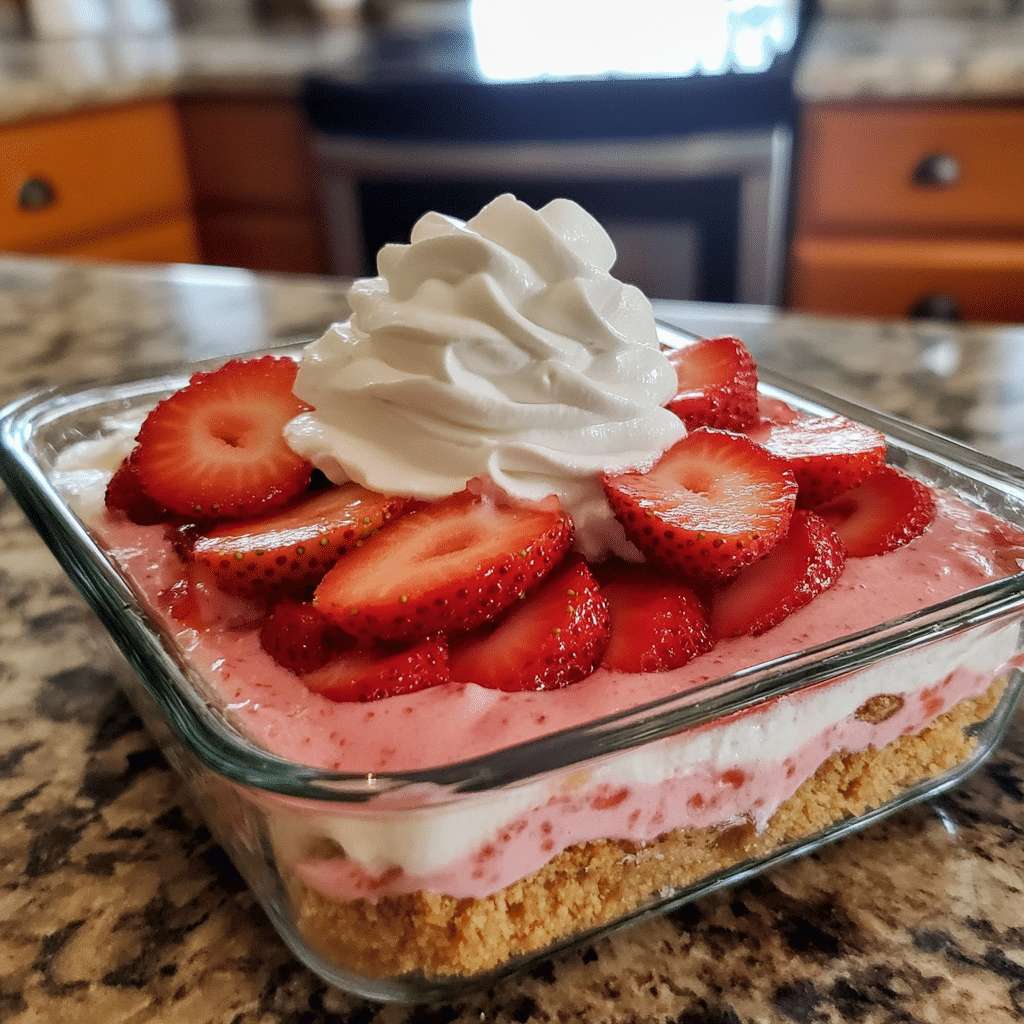 Layered strawberry dream dessert in a glass dish with whipped topping and fresh strawberries