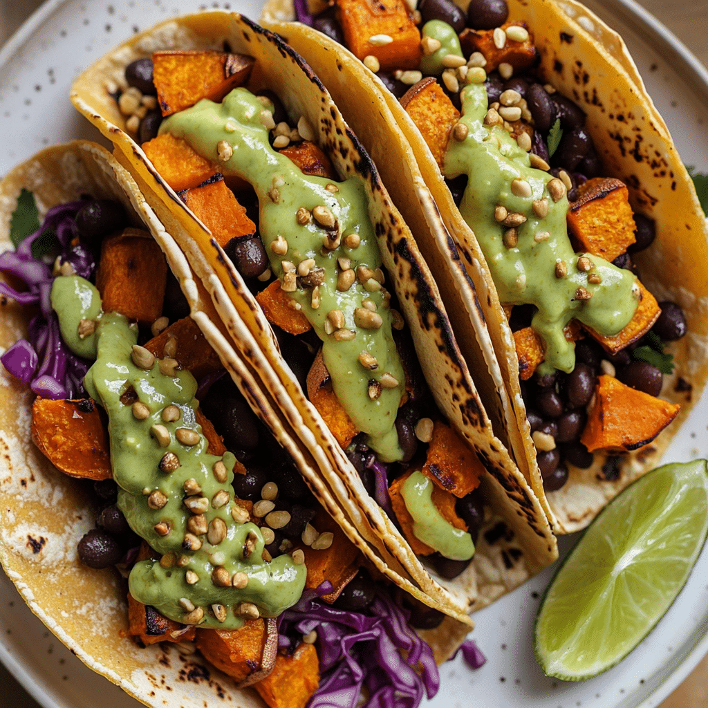 Tacos filled with roasted sweet potato and black beans with avocado sauce
