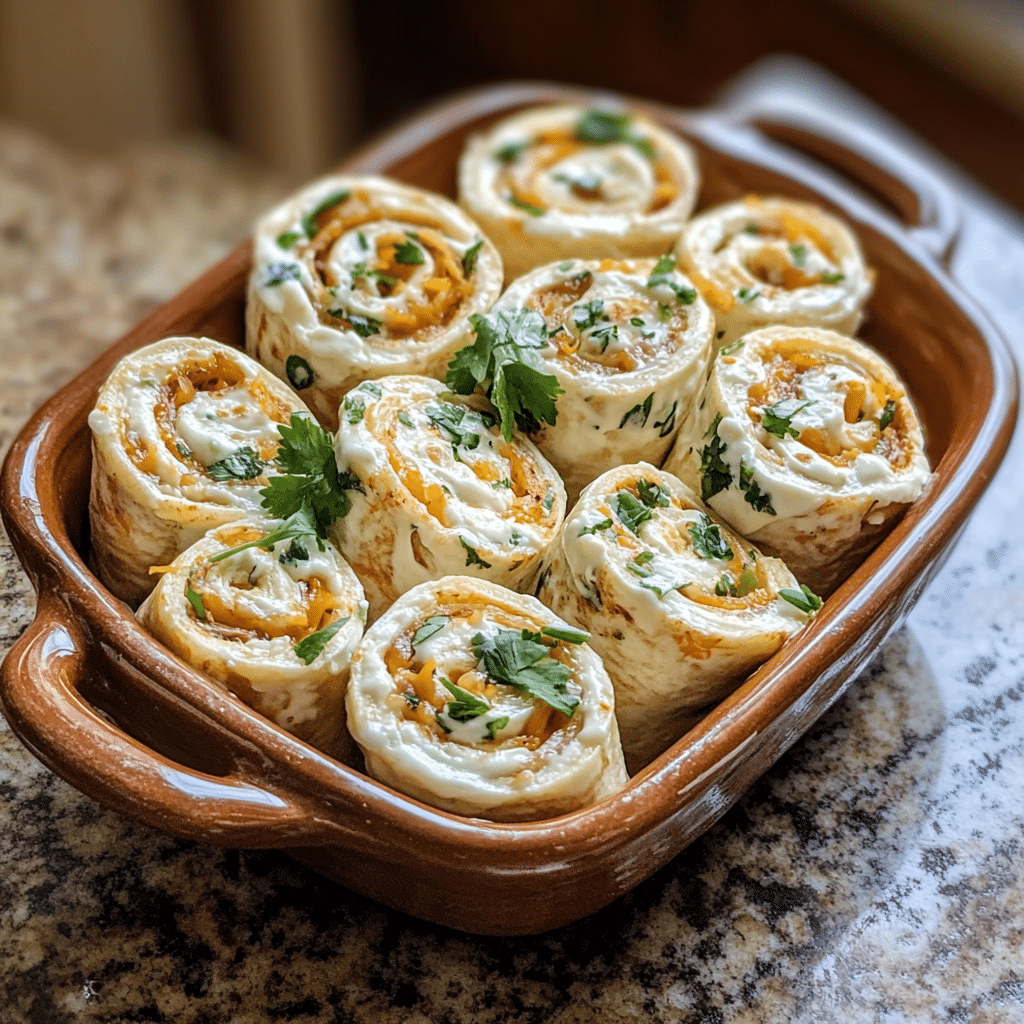 Homemade taco cream cheese pinwheels in a serving dish in a bright kitchen