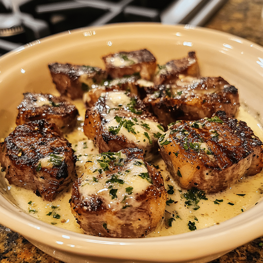 Homemade tender steak bites in garlic butter with creamy parmesan sauce in a serving dish in a bright kitchen