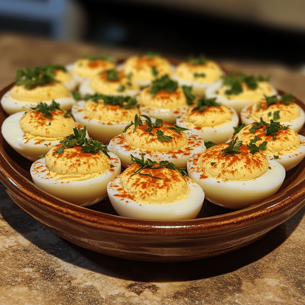 Homemade the best deviled egg variations in a serving dish in a bright kitchen