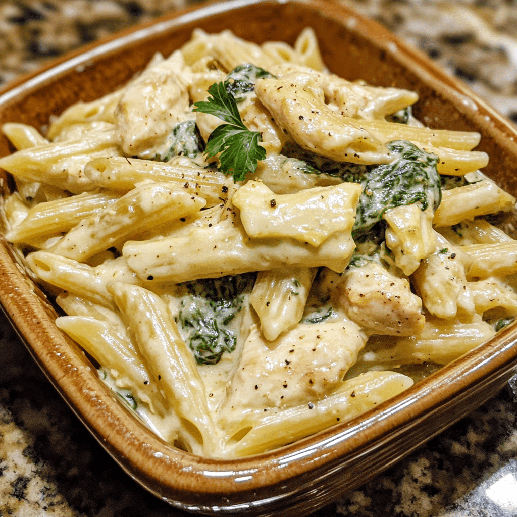 Homemade the best creamy spinach artichoke chicken penne ever in a serving dish in a bright kitchen