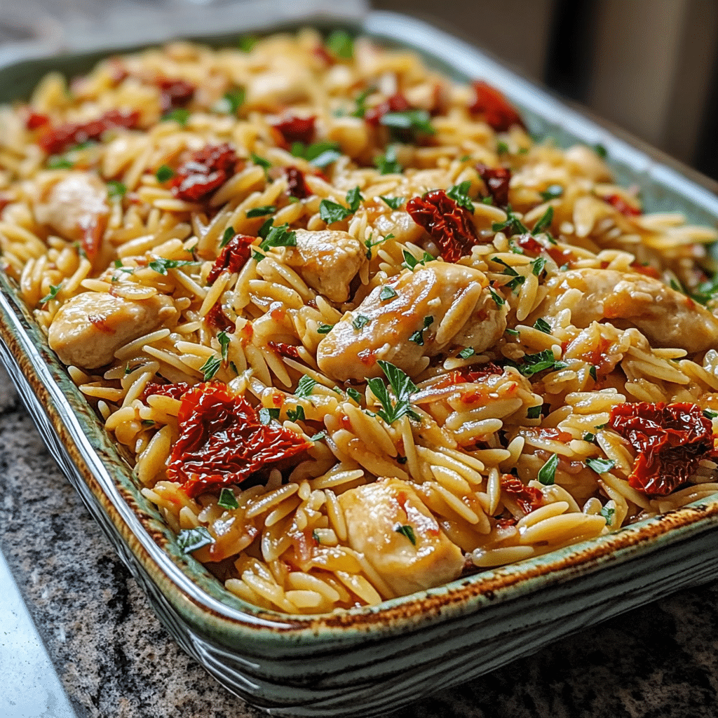 Homemade the best sun-dried tomato chicken orzo in a serving dish in a bright kitchen