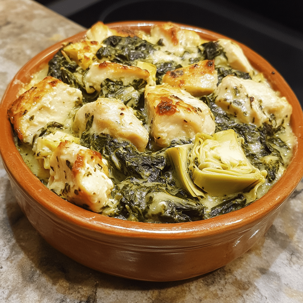 Homemade the perfect spinach and artichoke chicken bake in a serving dish in a bright kitchen