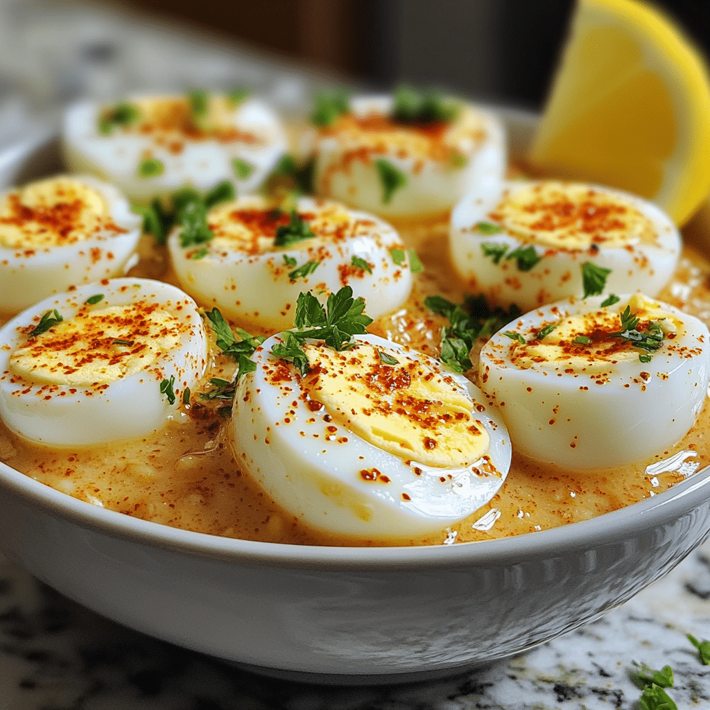 Bowl of TikTok egg boil eggs coated in garlic butter sauce with herbs on top