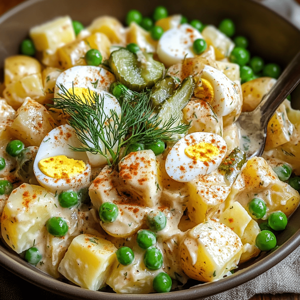 Bowl of creamy horseradish Easter salad with diced potatoes, eggs, pickles, peas, and dill