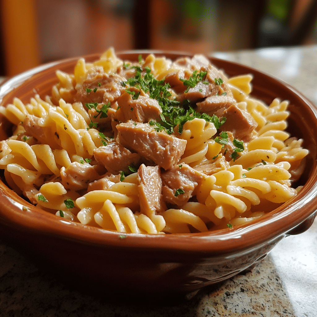 Homemade tuna pasta in a serving dish in a bright kitchen