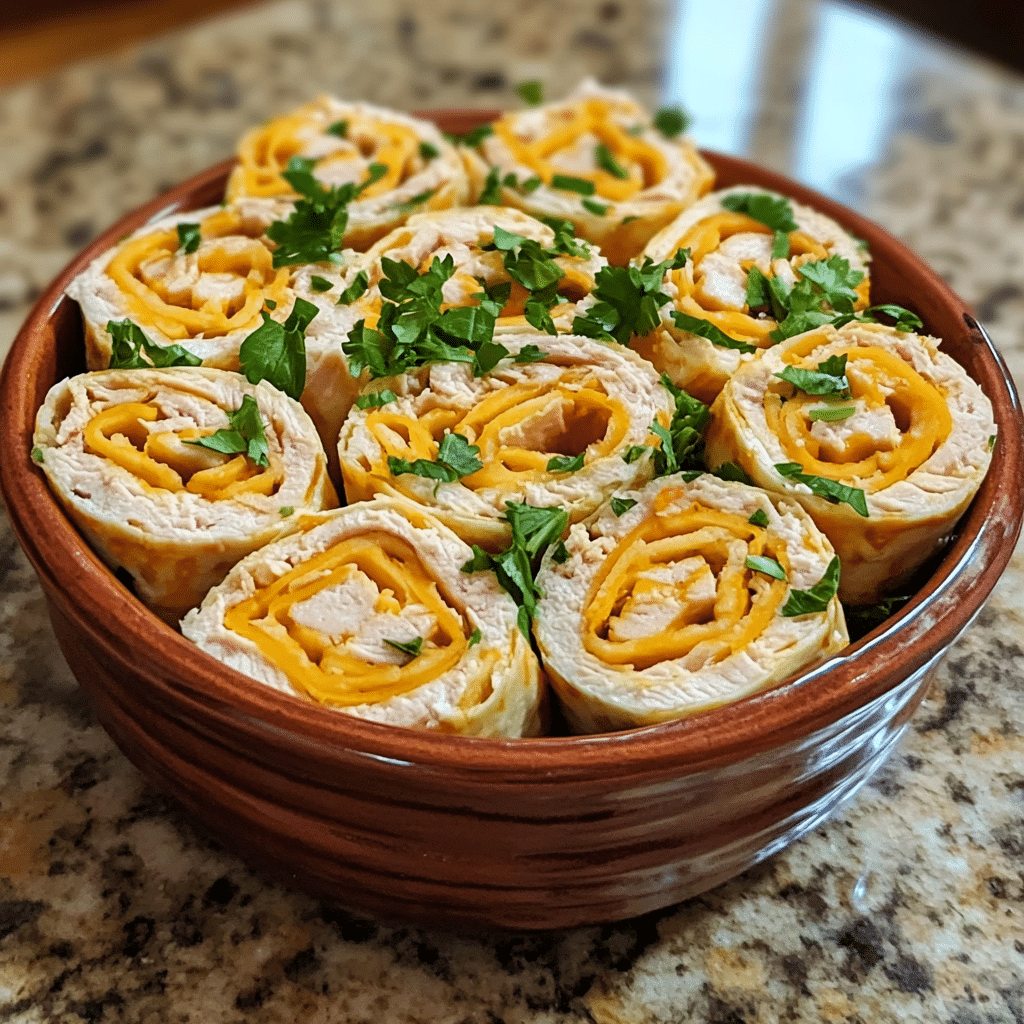 Homemade turkey & cheddar lunch roll ups in a serving dish in a bright kitchen