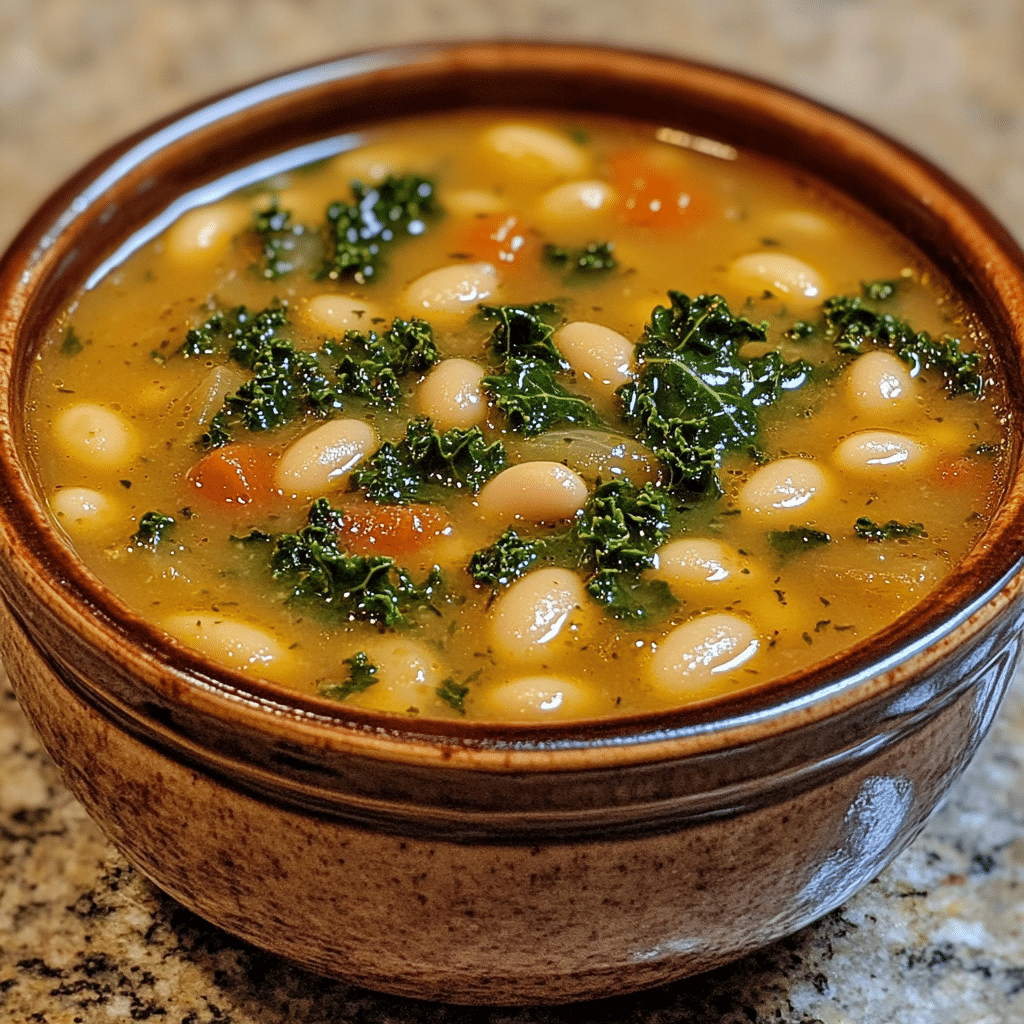 Homemade tuscan white bean soup with kale in a serving dish in a bright kitchen
