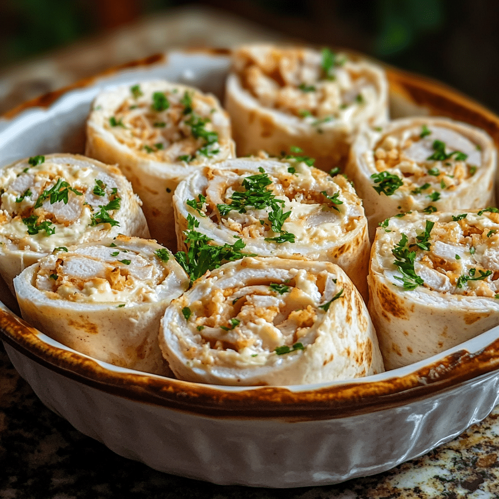 Homemade utterly delicious turkey and cream cheese roll ups with tortilla in a serving dish in a bright kitchen