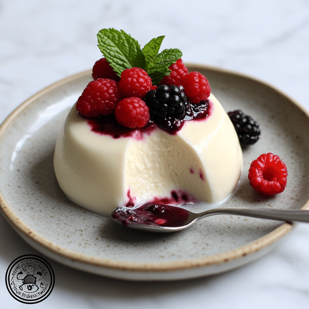 Vanilla panna cotta with berry topping on a plate