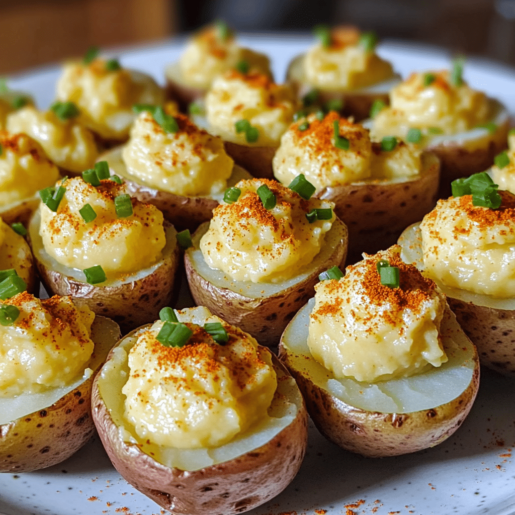 Vegan deviled potatoes made with halved baby potatoes filled with creamy deviled filling and paprika
