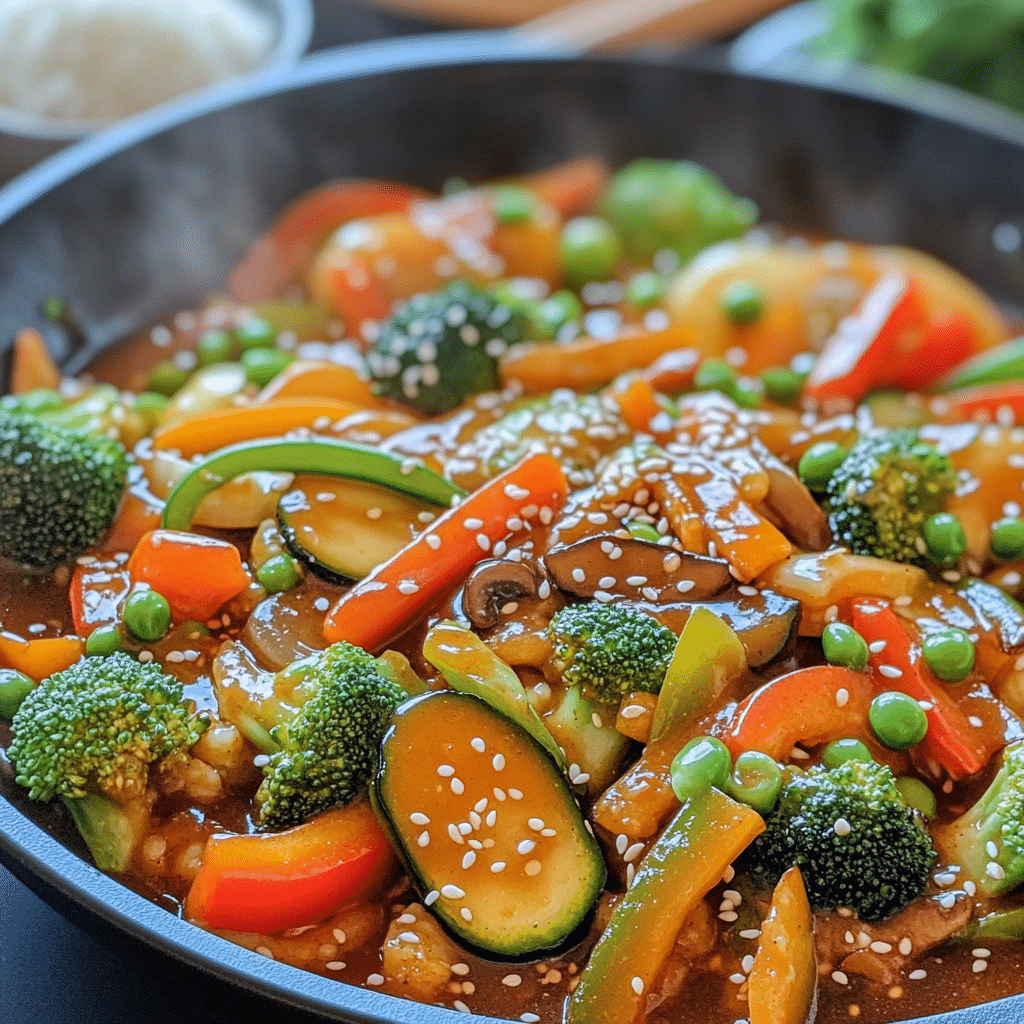 Vegetable stir fry with broccoli, bell peppers, zucchini, snap peas, carrots, and mushrooms in a glossy sauce