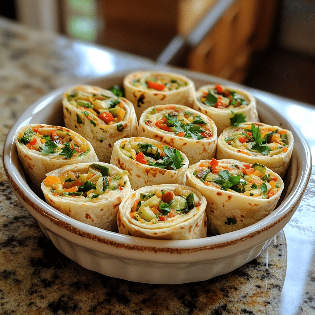 Homemade vegetable tortilla roll ups in a serving dish in a bright kitchen