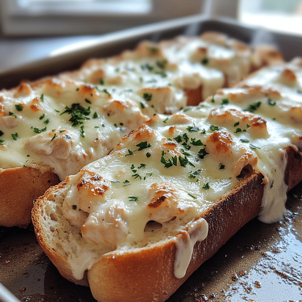 Garlic bread loaf stuffed with creamy chicken Alfredo and melted cheese