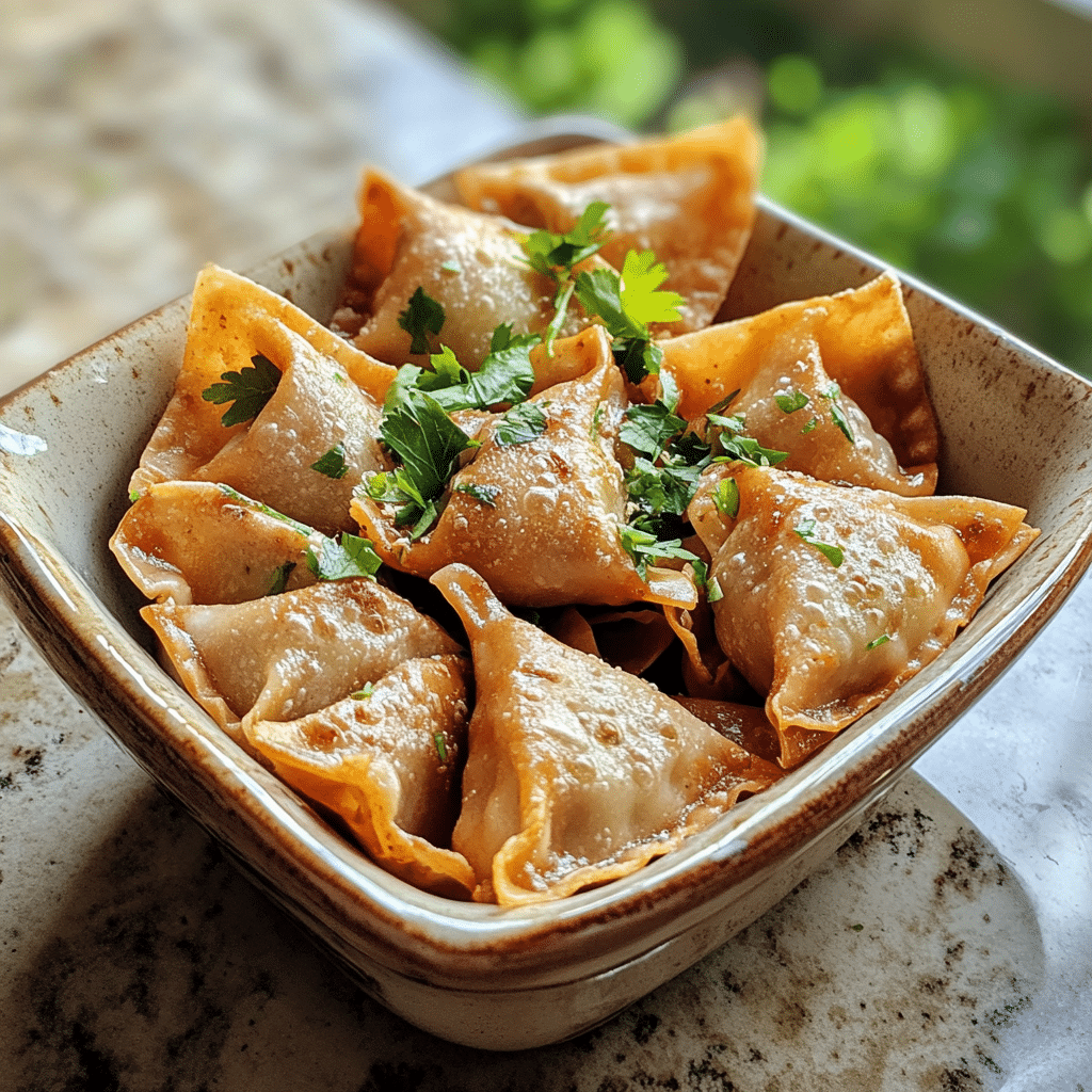 Homemade wonton air fryer recipes in a serving dish in a bright kitchen