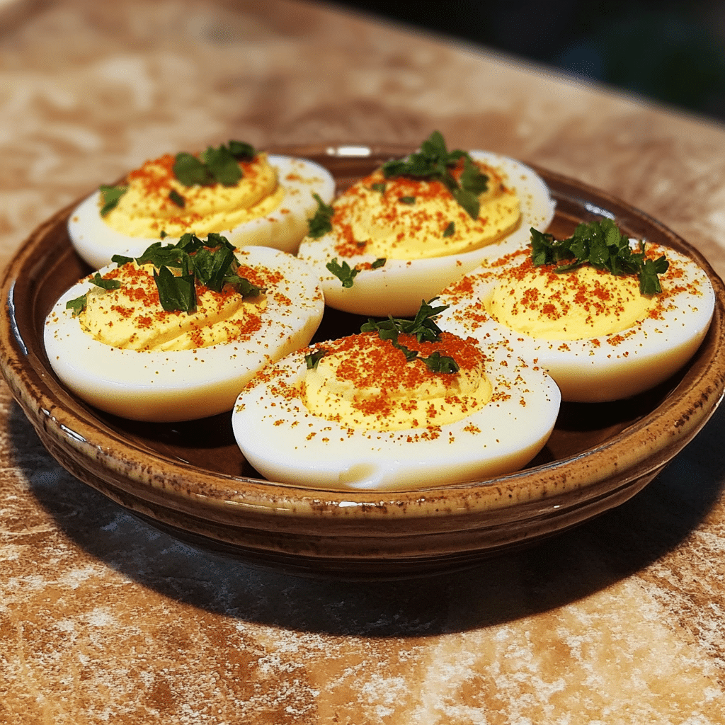 Homemade zesty deviled eggs in a serving dish in a bright kitchen
