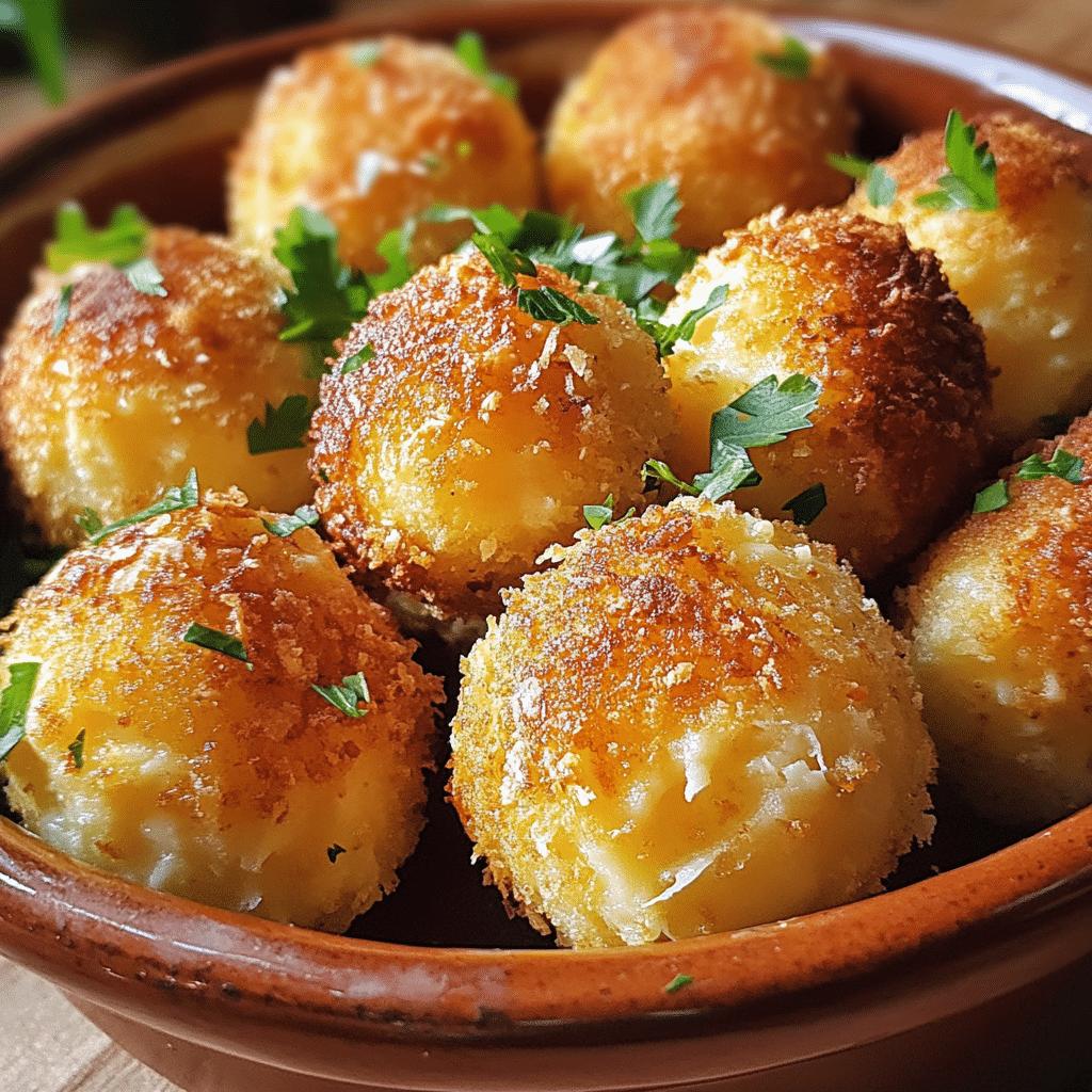Homemade crispy potato cheese balls recipe in a serving dish in a bright kitchen