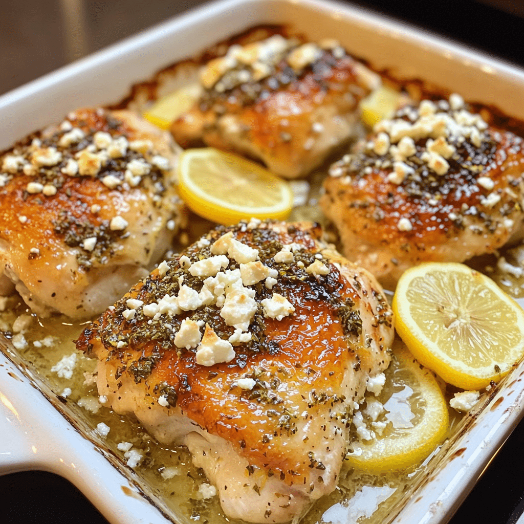Homemade greek chicken with lemon and feta in a serving dish