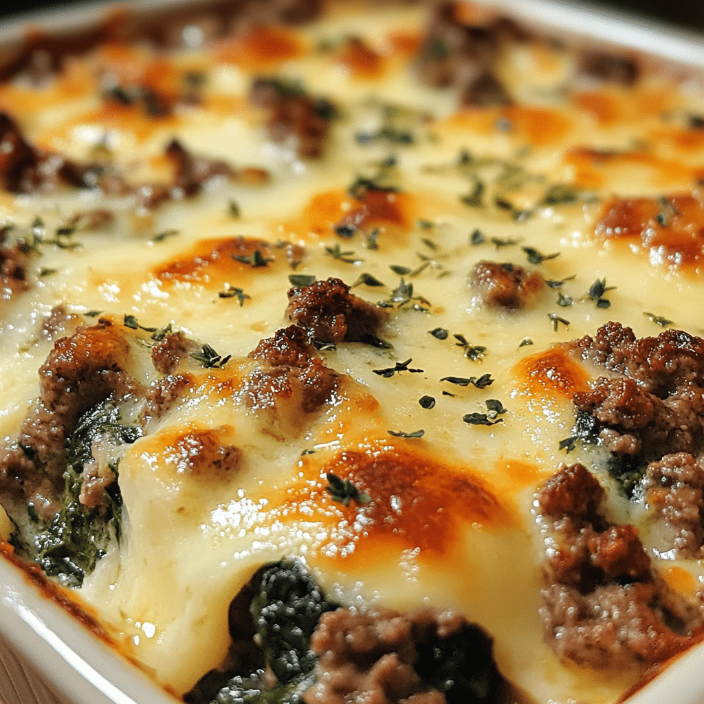 Homemade ground beef and spinach casserole in a serving dish