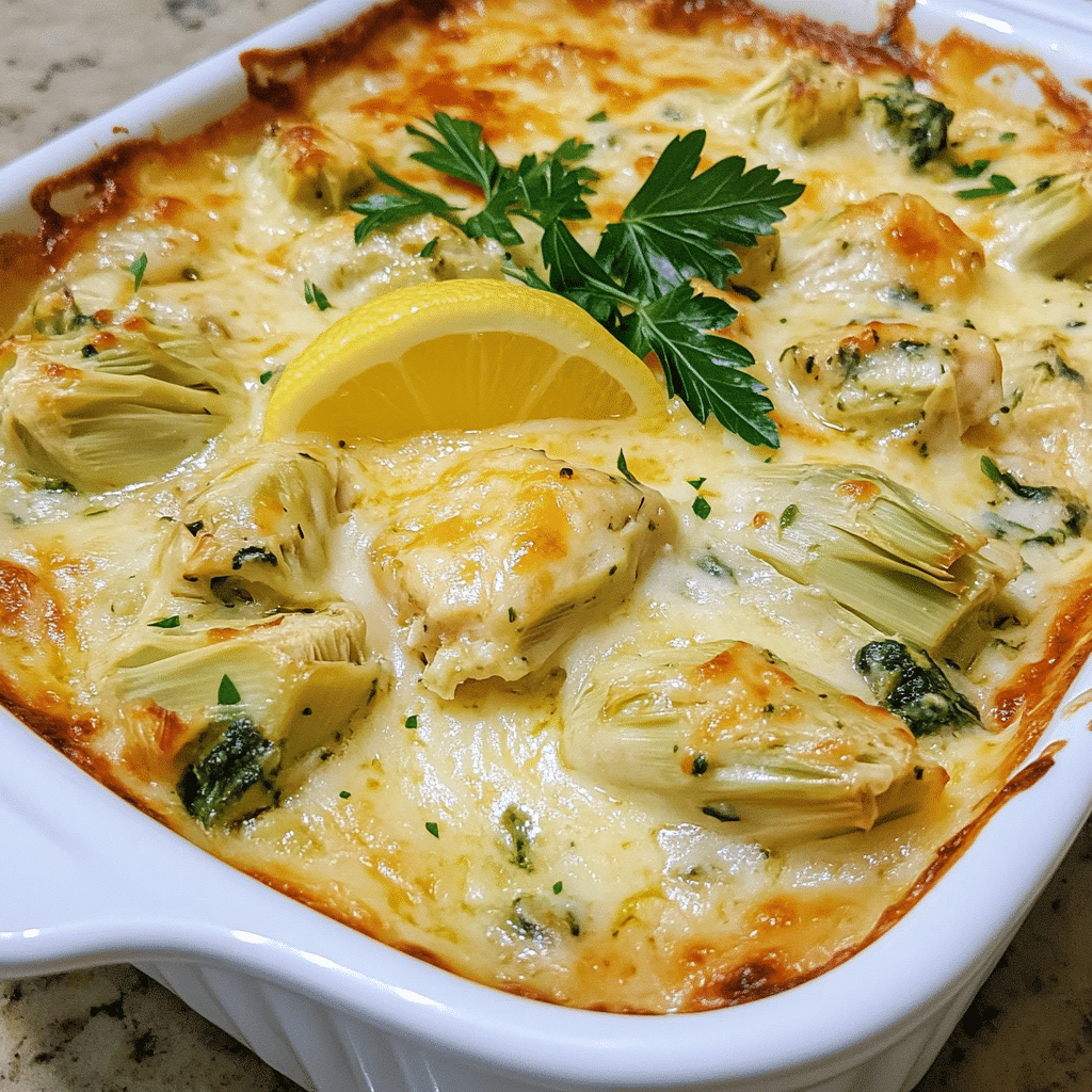 Homemade healthy spinach artichoke chicken casserole in a serving dish