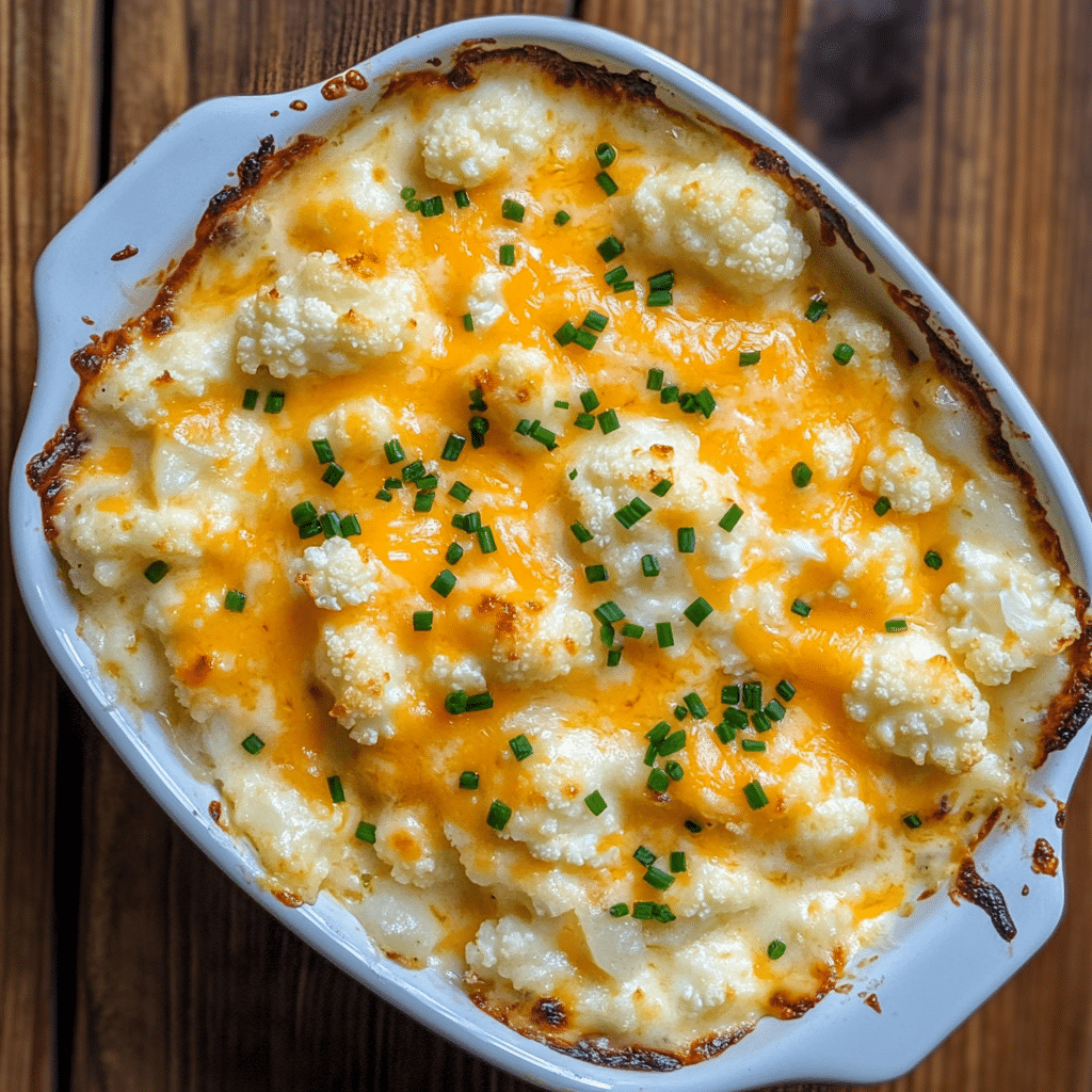 Homemade loaded cauliflower casserole in a serving dish
