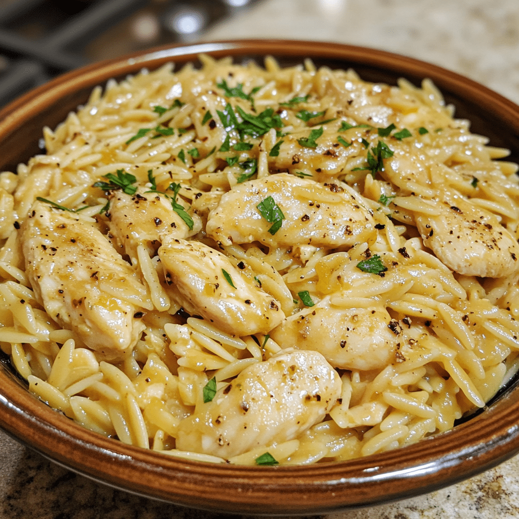 Homemade one pan lemon pepper chicken orzo - my protein pantry in a serving dish in a bright kitchen