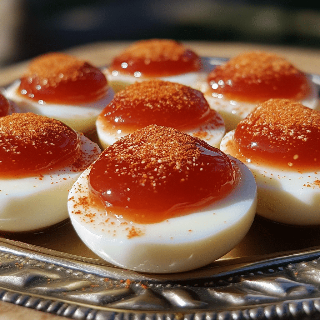 Homemade red pepper jelly deviled eggs in a serving dish