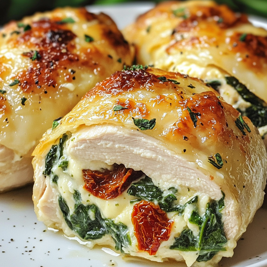 Homemade sundried tomato spinach and cheese stuffed chicken in a serving dish