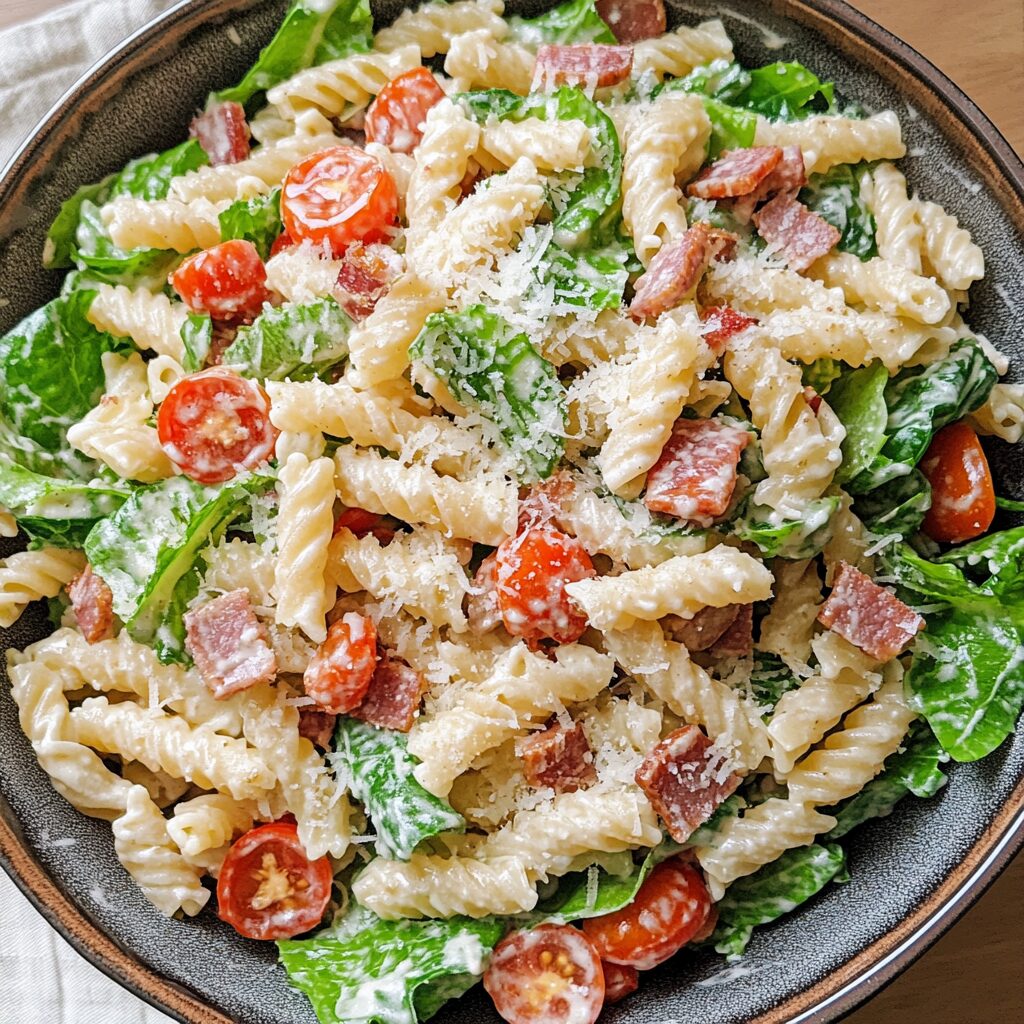 BLT Caesar Pasta Salad with visible layers and toppings