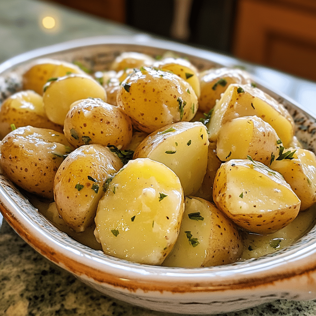 Homemade baby potatoes in garlic cream in a serving dish in a bright kitchen